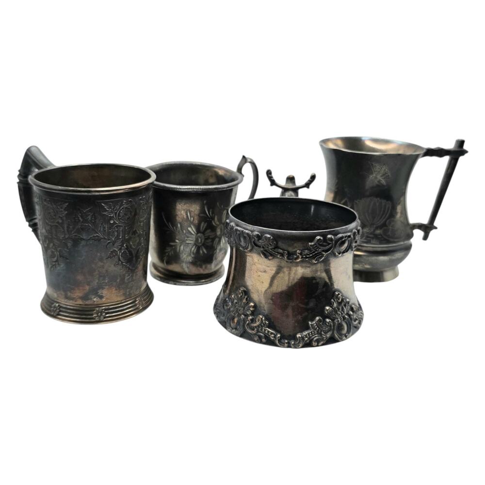 Antique Silverplate Cups Mugs Lot 4 Victorian Engraved Ornate Quadruple Plate